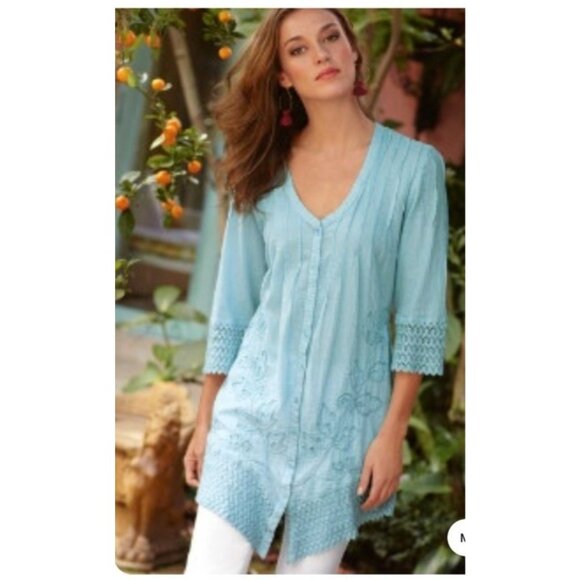 Soft Surroundings Light Blue Embroidered Tunic Top Size Large cotton womens - Picture 1 of 10